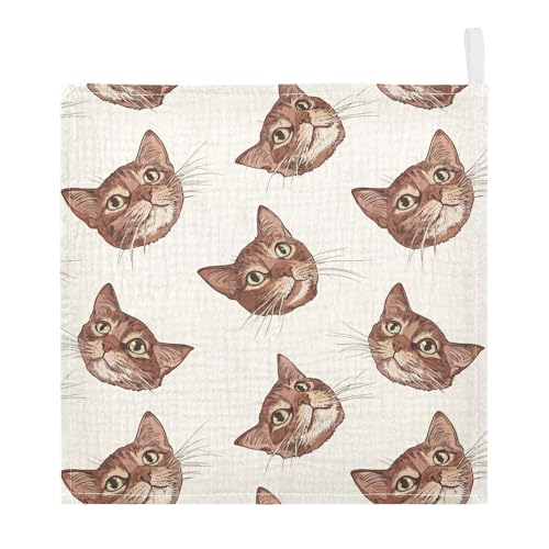 vvfelixl Brown Cat Head Baby Burp Cloths Baby Muslin Washcloths for Boys Girls Cotton Babys Face Towel for Newborn Infants Soft and Absorbent 11.8 X 11.8 in, 5 Pack