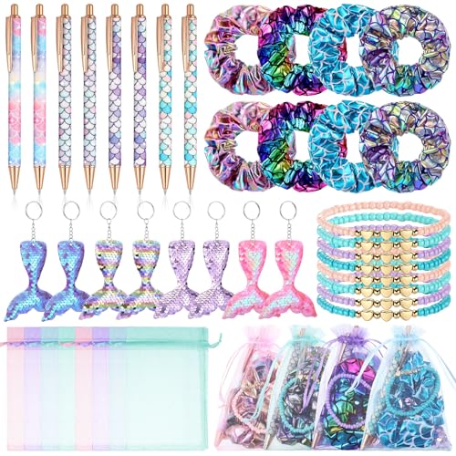 Honoson 40 Pcs Mermaid Party Supplies Mermaid Birthday Decorations Include 8 Glitter Pens 8 Shiny Scrunchies 8 Keychains 8 Bracelets 8 Goodie Bags for Piñata Supplies