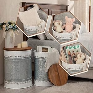 Poofzy Farmhouse End Tables Set of 2, Galvanized Metal Decor Side Table with Wood Lid, Coffee Table Storage Stool for Living Room (White) Poofzy Farmhouse End Tables Set of 2 Galvanized Metal Decor Side Table with Wood Lid Coffee Table Storage Stool for Living Room White