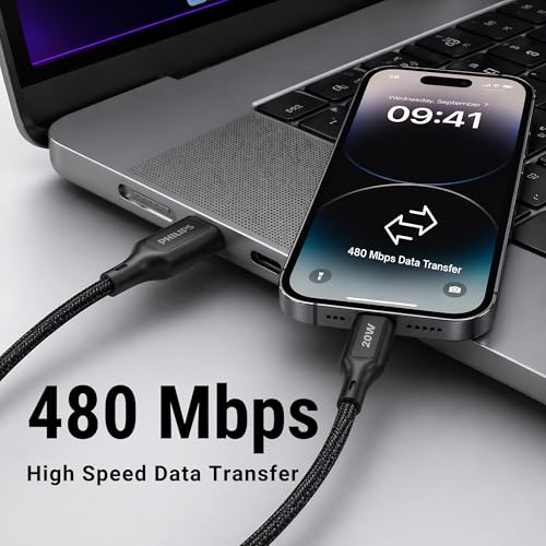 Image of PHILIPS DLC4130VB /94 20W iPhone Original Type-A to Lightning Fast Charging Cable (1m, Dark Slate) | MFi Certified | 480Mbps Data Sync | Nylon Braided | Compatible with iPhone & Other Lightning Devices
