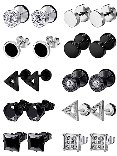 10Pares Pendientes de Negros de Acero Inoxidable para Hombres y Mujeres Negros...