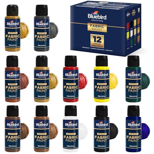 BLUEBIRD 12-Pack Fabric Paint, 3.4 Fl Oz each, Permanent Fabric Paints for Clothes