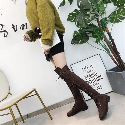 SACFOF Women's Over The Knee Low Heel Lace Up Tall Boots Thigh High Combat Casual Faux Suede Thigh High Riding Boots2