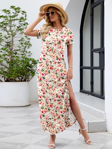 Image of Heymoments Womens Summer Maxi Dress Short Sleeve Casual Loose Long T Shirt Split Vacation Beach Sundress with Pockets