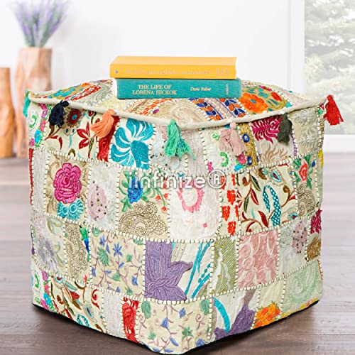 Iinfinize IIN-POUF-021 Vintage Table Corner Patchwork Pouf Square Cotton Pouf Cover Ottoman Bean Bag Embroidery Footstool Decorative Floor Pouffe thumb #2