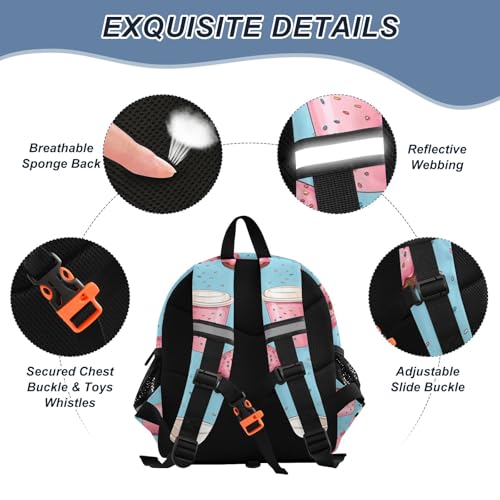 Kid's Backpack for Boys & Girls Toddler Bag Cartoon Pink Donuts and Drinks Backpack with Safety Leash3