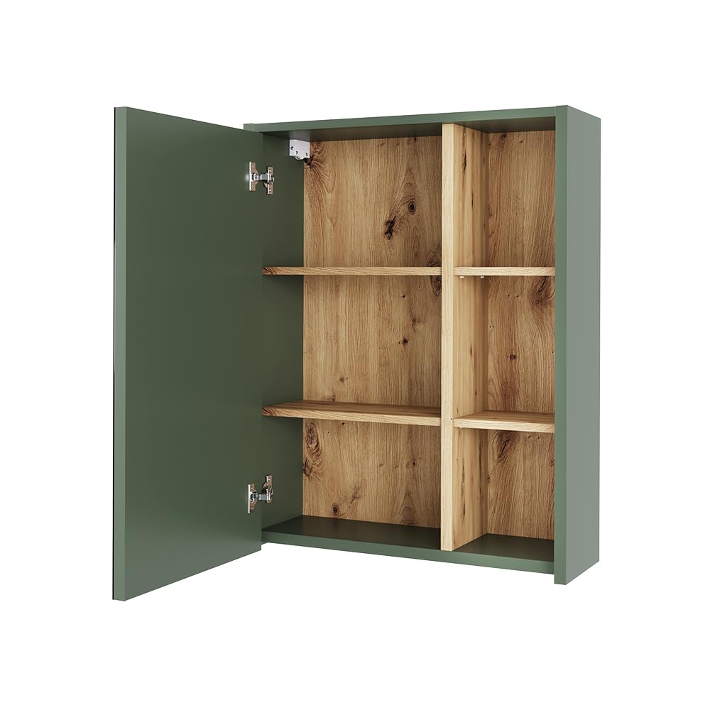 Vicco Armario con Espejo de baño Viola, Verde/Artesano, 60 x 75 cm | con estantes abiertos, apto para montaje en pared para uso en el baño