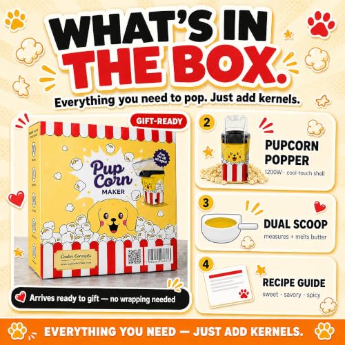 Image of Pupcorn Popcorn Machine - Cute Puppy Air Popper Popcorn Maker, Oil-Free | Pupcorn, a puppy hot air popcorn popper for movie night. Oil-free, butter-melting tray. A fun small mini popcorn machine.