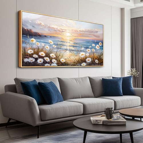 PHAOHUAXM Large Wall Decor For Living Room Canvas Wall Art For Office Bedroom AestheticBlue Ocean Landscape Painting Artwork Pictures Beach Posters Ready To Hang Home Decoration 30"x60" Wood Framed