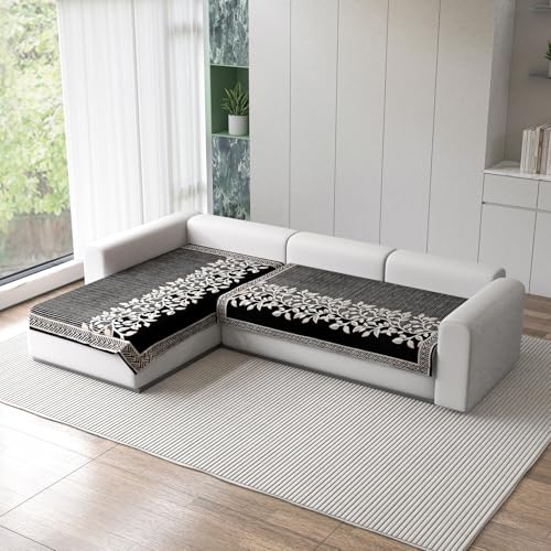 Image of Nendle Superior Velvet Floral Sofa Mat 4 Seater Set Cover Durable Protector for Living Room Sofa Set 2+2, Suitable for L Shape, Sectional and U Shape Sofa (Color Black, Pack of 2)