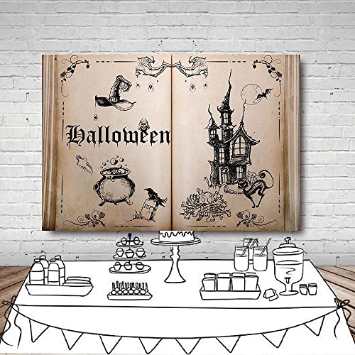 MEHOFOND 7x5ft Halloween Night Theme Magic Book Photography Backdrops Old Castle Dark Fairytale Wizard Hat Bones Crucible Background Portrait Decor Halloween Party Photo Shoot Props Studio Banner - Image 4