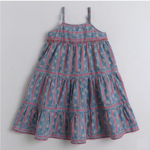 Image of The Magic Wand Kids Girls Printed Cotton Summer Dresses, Knee Length Sleeveless Casual Western Stylish One Piece Fit & Flared Frock for Beach & Vacations