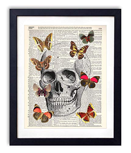 Skull, Skeleton Anatomy Vintage Dictionary Art Print, Modern Contemporary Wall Art for Home Decor, Boho Poster Sign 8x10 Inches, Unframed (Skull with Butterflies #2)