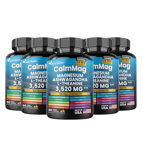 CalmMag Cortisol Supplement, Magnesium Glycinate 250mg, Ashwagandha 200mg(20:1 extract), L-Theanine 60 Veggie Capsules - 5 Bottles