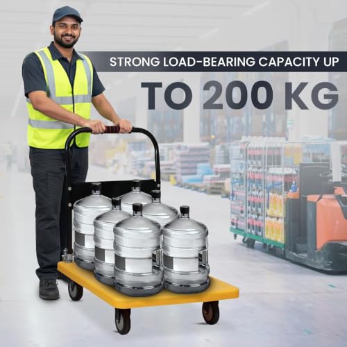 Image of Robustt 200 Kg Heavy-Duty Foldable Platform Trolley (Yellow) | Plastic Hand Truck with 360 Rotating Wheels & Cushioned Grip | Material Handling Cart for Home, Office, Warehouse & Industrial Use