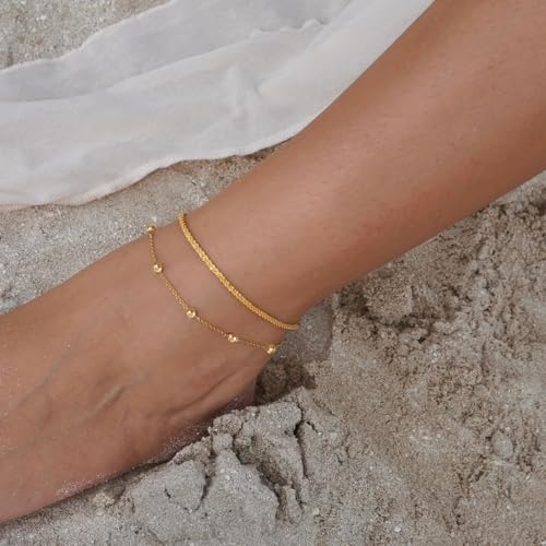 Image of Robaice Ankle Bracelets for Women, Glitter Waterproof Adjustable Anklet for Women, 14K Gold Plated /Sterling Silver Layered Anklets, Summer Beach Anklet Jewelry for Women Gift