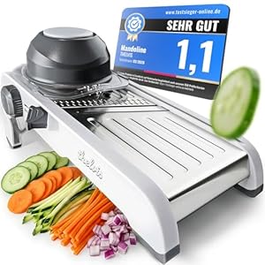 THELVIS Premium Mandoline Gemüsehobel Edelstahl | sicher und modern | kein Klingenwechsel | Gemüseschneider manuell | Julienneschneider | Gurkenhobel verstellbar | vegetable slicer | Gemüsereibe