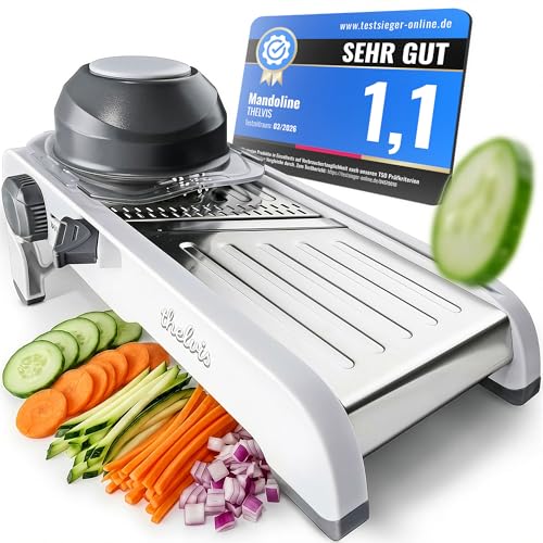 THELVIS Premium Mandoline Gemüsehobel Edelstahl | kein Klingenwechsel | sicher und modern | Gemüseschneider manuell | Julienneschneider | Gurkenhobel verstellbar | vegetable slicer | Küchenhobel