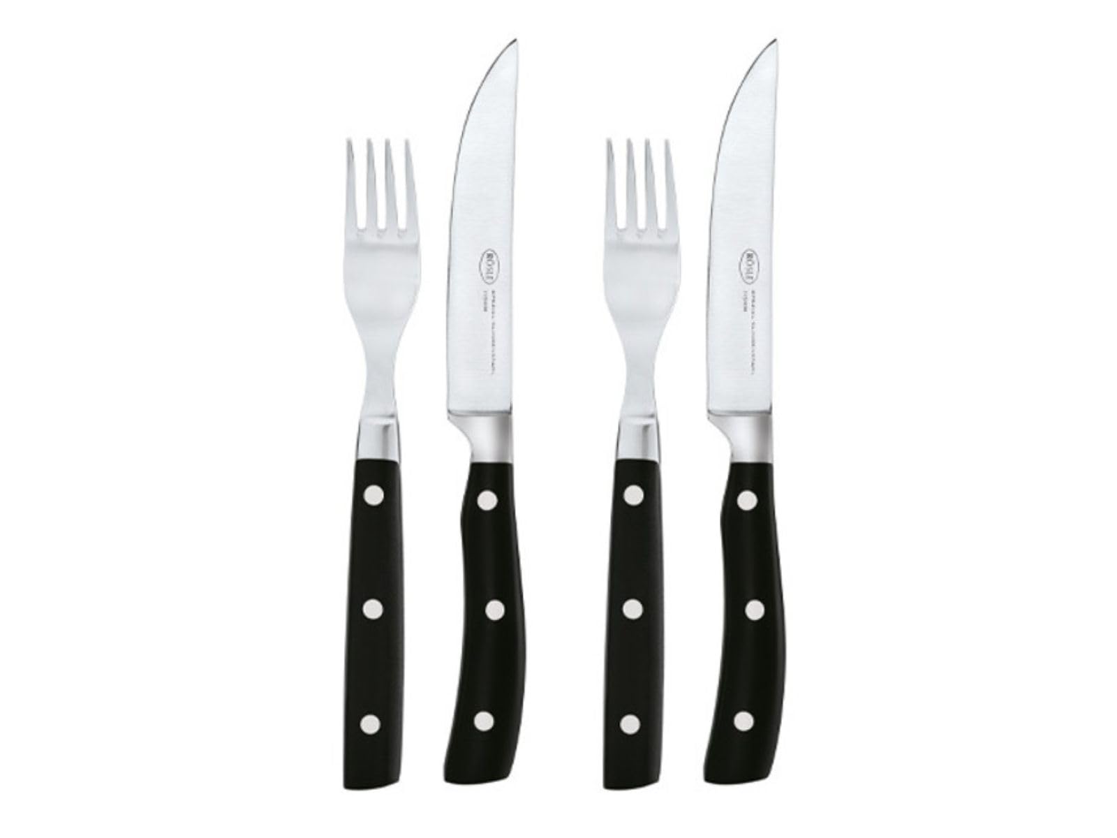 RÖSLE Steakbesteck 4-tlg., Hochwertige Steakmesser mit scharf geschliffener Klinge aus Klingenspezialstahl mit passender Steakgabel, POM, inkl. praktischer Holzbox, 25 x 11 x 4 cm