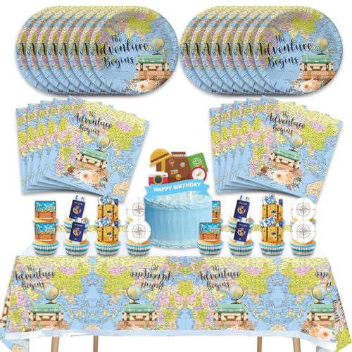 66pcs Adventure World Awaits Map party Decoration Retirement Travel Dessert Plates Napkins Tablecloths Cake Topper Set for 20 Guests The Adventure Begin Party Supplies bon voyage party decorations