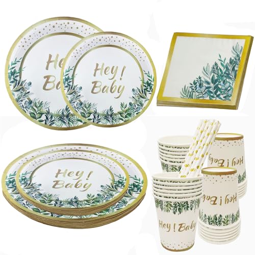 Babyparty Deko Neutral Partygeschirr Set für 20 Gäste,Baby Shower Deko Pappteller Eukalyptus Geburtstag Partybesteck ,Enthält Papier Teller,Becher,Servietten,Stroh,Perfekt für Geburtstag,Baby Shower