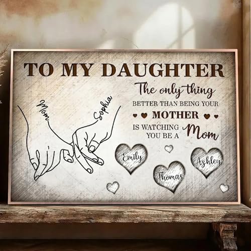 Personalized To My Daughter Wooden Wall Art from Mom – Custom Canvas Holding Hands Plaque with Kids Names, Meaningful Mother’s Day Birthday Gift for Daughter from Mom Style 1