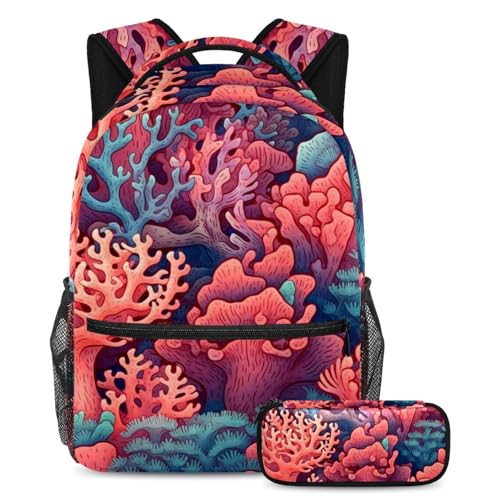 Sac à dos 2 pièces coraux marins profonds large pour la rentrée