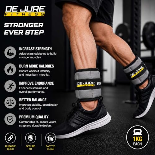 Image of De Jure Fitness Adjustable Ankle & Wrist Weights Pair (1KG x 2) for Men & Women | Strength Training, Walking, Running, Workout, Yoga | Comfortable, Durable | Grey - 2KG