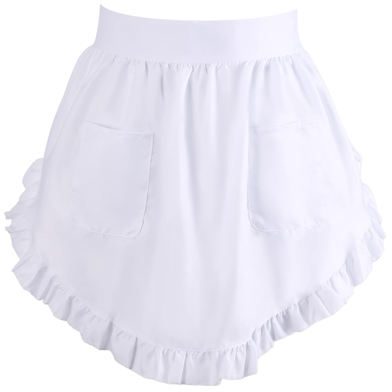6 delantales blancos de poliéster con volantes, 26 x 16.5 pulgadas, lazos de 74 pulgadas, con bolsillos, delantal para mujer, para cocina y hospitalidad, disfraz de sirvienta de camarera