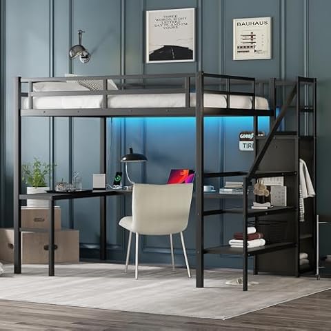 Full Size Metal Loft Bed with Desk and Wardrobe,Heavy Duty Loft Bed Frame with Storage Stairs,LED Loft Bed Full with Charging Station, Space Saving Loft Bed Full for Kids,Teens,Adults,Black Cover