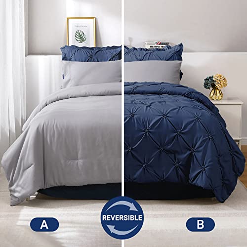 JOLLYVOGUE Queen Comforter Set 7 Pieces, Navy Blue/Gray Bed in a Bag Comforter Set for Bedroom, Bedding Comforter Sets with Comforter, Sheets,Ruffled Shams & Pillowcases