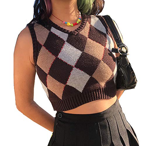 Damen Elegant Pullover Strickweste, Treer Frauen Pullunder Ärmellos V-Ausschnitt Kariert Weste Top Sweater Pullover Teenager Mädchen Streetwear...