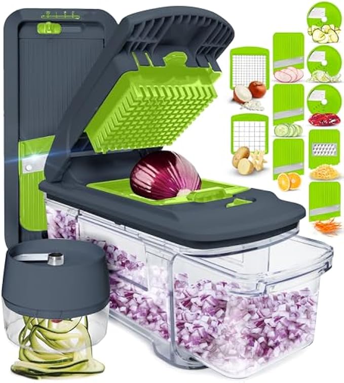 Fullstar All-in-1 Vegetable Chopper, Mandoline Slicer & Cheese Grater - French Fry Cutter & Veggie Dicer - Cheese Slicer - Includes Bonus Handheld Spiralizer (6 in 1, Gray/Green)