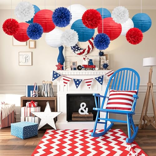 Image of 18 PCS Red White Blue Paper Lanterns & Tissue Paper Pom Poms for July 4th Independence Day, Memorial Day, Baseball Party, Patriotic Veteran Celebration Theme Party Decoration Set Supplies