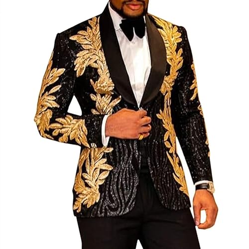 2 Piece Sequin Men's Suit Gold Slim One Button Blazer Jacket Pants Sets for Prom, Party,Dinner