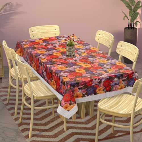Image of Dakshya Industries 6 Seater PVC Waterproof Dining Table Cover 60x90 Inch | Floral Printed Washable Table Cloth with Lace Border