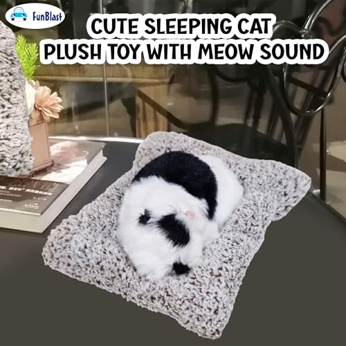 Image of FunBlast Cute Sleeping Cat Plush Toy with Meow Sound, Gift for Kids, Toy Accessories for Car Dashboard (White Black)