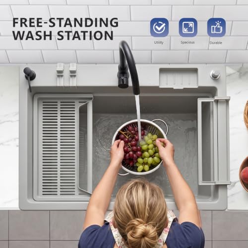 Image of VINGLI Freestanding Utility Sink with Faucet, 36 inch Heightened Basin for Laundry, Garage, Outdoor Garden, Pet Wash, Heavy Duty Plastic Laundry Tub with Storage Shelf (Gray, 32 inchLx24 inchWx36 inchH)