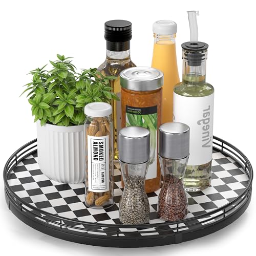 Image of Black and White Kitchen Lazy Susan Turntable - Checkered Round Decorative Tray, 13 inch Table Top Oak Wood Lazy Susan for Cookies, Dining Table Organizer, Small Kitchen Table Centerpiece