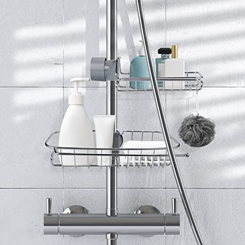 Lot de 2 Étagère Douche Sans Percage Inox Rangement Étagère Salle de Bain Télescopique Inoxydable avec Crochets Tablette Support Porte Savon Barre Serviteur Douche pour Shampooing Cover