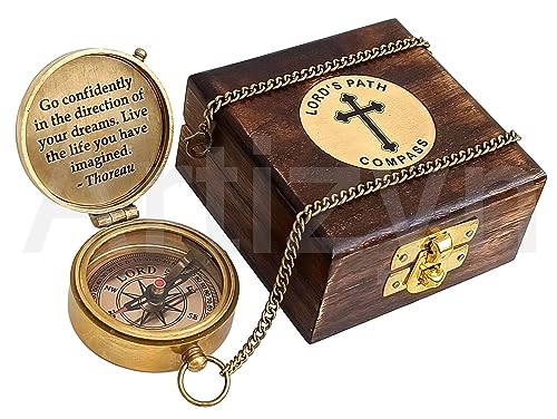 Brújula de latón con caja de madera grabada miniatura 2
