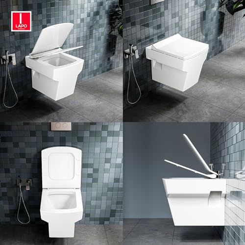 Image of LAPO P Trap Wall Hung Toilet, Ceramic Rimless Commode, Wall Hung Western Toilet With Soft Closing Toilet Seat (White, 19X14X13 Inch)-VOT