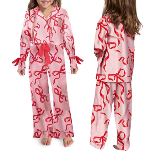 Mommy and Me Christmas Bow Tie Outfit Set Silk Satin Bow Print Mom Daughter Family Matching Outfits Xmas 2PC Jammies2