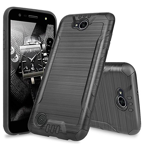 LG X Power 2 M320 Case, LG Fiesta LTE Case, LG X Charge Case, LG Fiesta 2 Case, TJS Dual Layer Hybrid Shockproof Impact Resist Rugged Case Cover Metallic Brush Finish With Hard Inner Layer (Black)