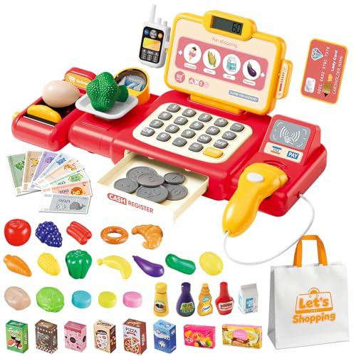 56PCS Caja registradora Juguetes para niñas Juegos de imaginación Supermercado Tienda Juguetes Caja Escáner Juguetes con Sonidos y Juegue Comida, Dinero, Juguetes de supermercado y más (Rojo)