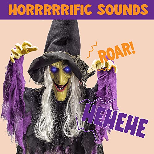 Image of JOYIN 72 inch Halloween Hanging Witch Decorations Outdoor, Flying Talking Ghost Decor Light Up Eyes Sound Activated, Outside Indoor Haunted House Prop for Lawn Yard Garden, Purple