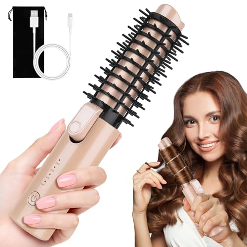 Image of Cordless Curling Iron Brush, Mini Travel Hot Straightener Comb Curl Brush, Rechargeable 4 Temps Cordless Wand Blush with 200 Million Negative Ions for Curls Straightening Styling (Pink)