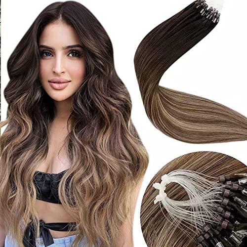 Microring Extensiones Cabello Humano 50g/50s 14"/35cm Micro Loop Extensiones Pelo De Verdad El Marron Mas Oscuro a Marron Medio y Rubio Ceniza Micro Link Real Hair Extension #2/6/18 Cover