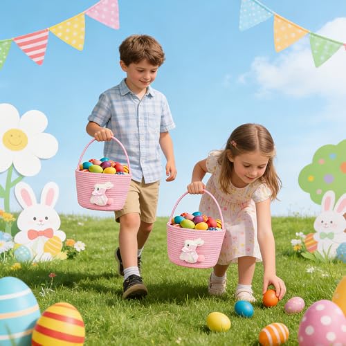 Image of Pink Easter Basket, Bunny Easter Baskets for Kids, Baskets with Handle for Gifts Empty, Bunny Egg Hunting, Basket Stuffers Essentials