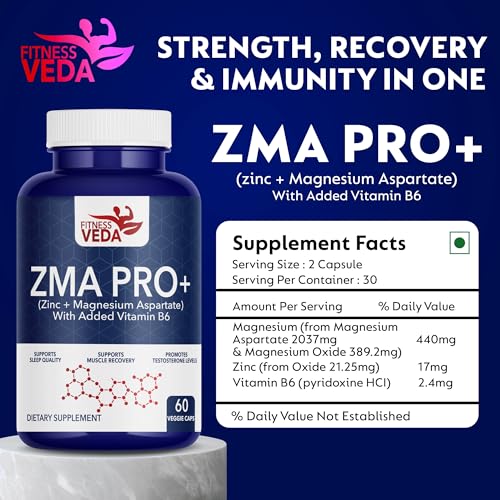 Image of ZMA Pro+ 60 Capsules - Zinc Magnesium Aspartate with Vitamin B6 - Muscle Recovery,Immune Booster, Testosterone Support & Energy Metabolism - Supplement for Men & Athletes